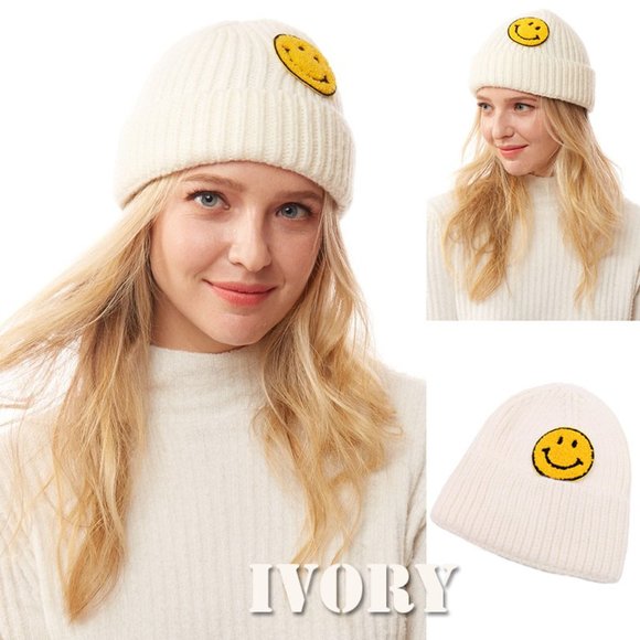 NEW Smile Smiley Happy Face Patch Cozy Soft Rib Knit Beanie Hat Ivory Black Gray - Picture 11 of 14